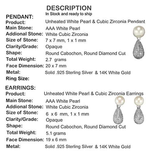 Dainty Natural White Pearl, White Cubic Zirconia Solid .925 Sterling Silver Pendant & Earrings Set