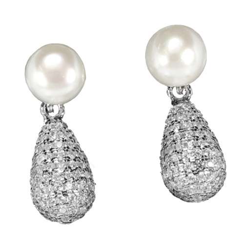 Dainty Natural White Pearl, White Cubic Zirconia Solid .925 Sterling Silver Pendant & Earrings Set