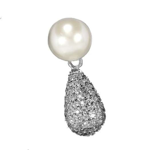 Dainty Natural White Pearl, White Cubic Zirconia Solid .925 Sterling Silver Pendant & Earrings Set