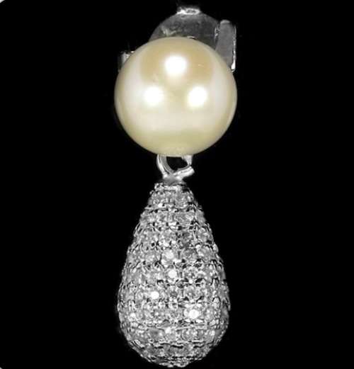 Dainty Natural White Pearl, White Cubic Zirconia Solid .925 Sterling Silver Pendant & Earrings Set