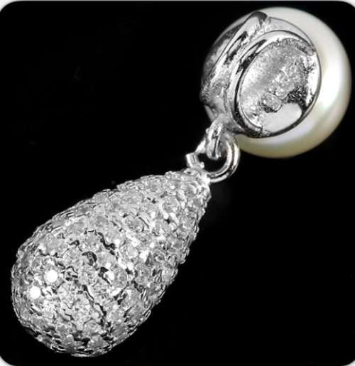 Dainty Natural White Pearl, White Cubic Zirconia Solid .925 Sterling Silver Pendant & Earrings Set