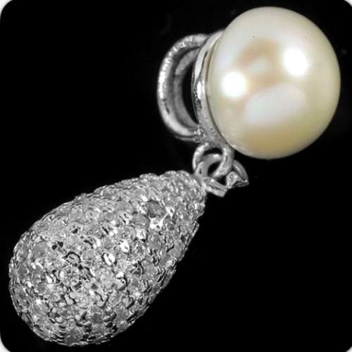 Dainty Natural White Pearl, White Cubic Zirconia Solid .925 Sterling Silver Pendant & Earrings Set