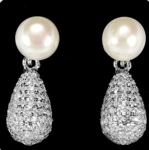 Dainty Natural White Pearl, White Cubic Zirconia Solid .925 Sterling Silver Pendant & Earrings Set