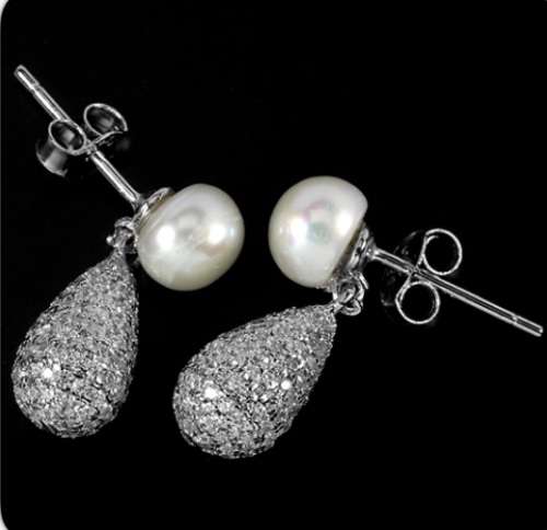 Dainty Natural White Pearl, White Cubic Zirconia Solid .925 Sterling Silver Pendant & Earrings Set
