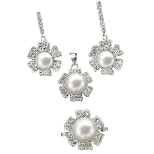 MINDBLOWING VALUE -Natural White Pearl, CZ in Solid .925  Sterling Silver Pendant Ring Earrings Set