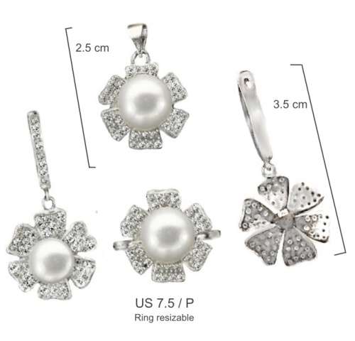 MINDBLOWING VALUE -Natural White Pearl, CZ in Solid .925  Sterling Silver Pendant Ring Earrings Set