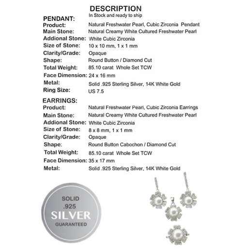 MINDBLOWING VALUE -Natural White Pearl, CZ in Solid .925  Sterling Silver Pendant Ring Earrings Set