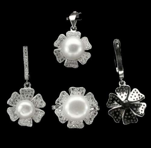 MINDBLOWING VALUE -Natural White Pearl, CZ in Solid .925  Sterling Silver Pendant Ring Earrings Set