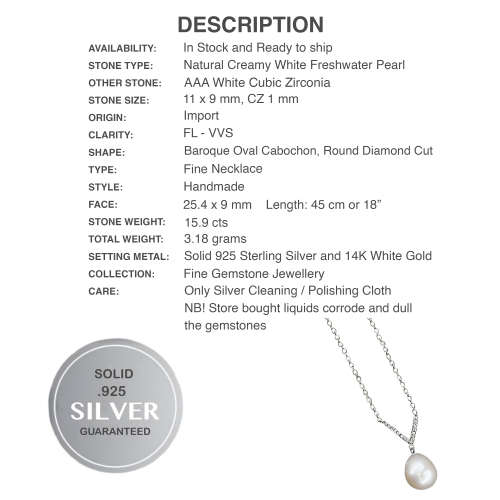 Promotional Price 15.9 Cts Incredible Freshwater Pearl ,White Cz Solid. 925 Sterling Silver Necklace