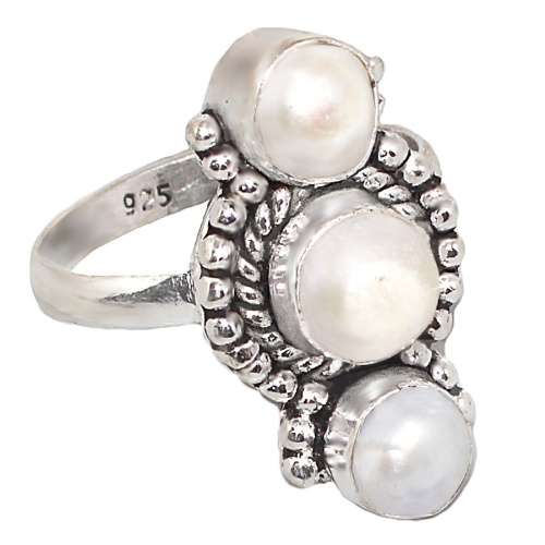 Indonesian Handmade White  River Pearl set in .925 Sterling Silver Plated Ring Size US 9 or R1/2