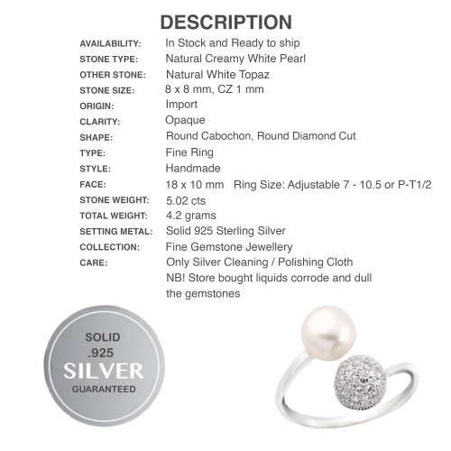 Natural Creamy White Pearl and White Topaz in Solid .925 Sterling Silver Adjustable Ring