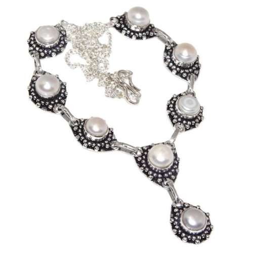 Handmade Creamy White River Pearl set in .925 Sterling Silver Plated Antique Style Necklace
