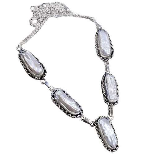 Handmade Natural Creamy White Biwa Pearl. 925 Sterling Silver Fashion Necklace