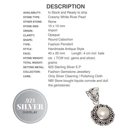 Handmade Antique Style Creamy White River Pearl . 925 Sterling Silver Pendant
