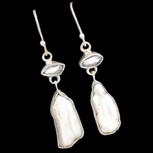 Natural Biwa Pearl, Herkimer Diamond  set in Solid .925 Sterling Silver Earrings