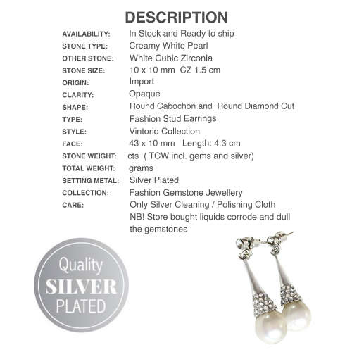 Vintorio Collection Creamy White Pearl and White Cubic Zirconia Silver Plated Stud Earrings