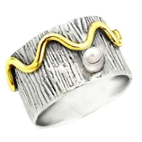 Two Tone Natural White Pearl set in Solid .925 Sterling Silver Victorian Set Ring Size 8.5 or Q1/2