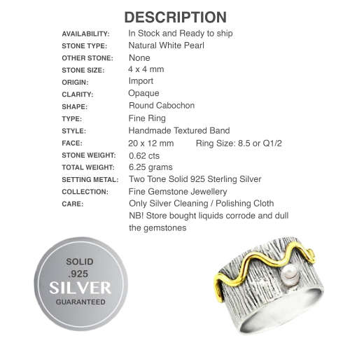 Two Tone Natural White Pearl set in Solid .925 Sterling Silver Victorian Set Ring Size 8.5 or Q1/2