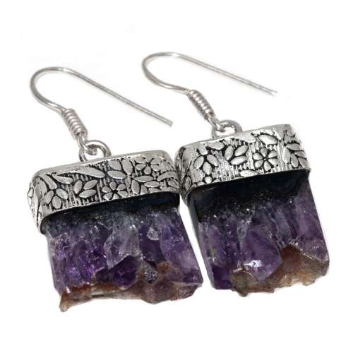Natural Purple Amethyst Rough Gemstone Set in 925 Sterling Silver Plated Handmade Earrings