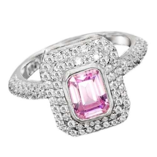 Deluxe Emerald Cut Pink and White Cubic Zirconia's set in Solid .925 Silver 14K W/G Ring Size 7 or O