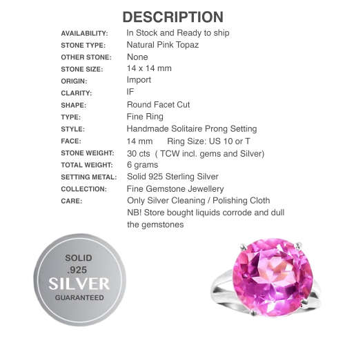 30 cts Faceted Round Pink Topaz  set in Solid .925 Sterling Silver Ring Size 10 or UK T