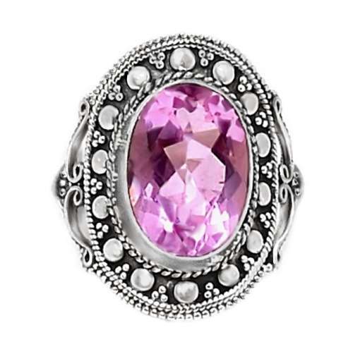 Pink Topaz Facet Cut Oval set in Solid .925 Sterling Silver Antique Style Ring Size US 8 / Q