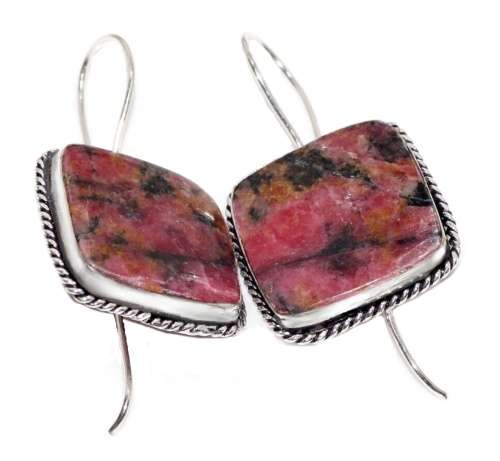 Natural Rhodonite Square Gemstone set in 925 Sterling Silver Plated Handmade Earrings