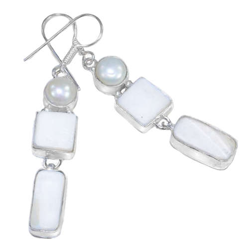Natural Mother Of Pearl and White River Pearl in.925 Sterling Silver Plated Mixed Shape Earrings