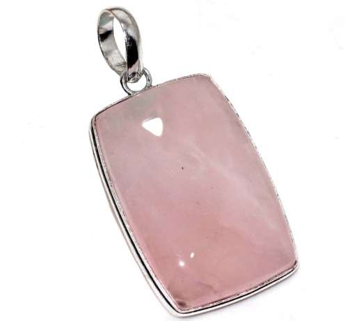 Natural Pink Rose Quartz Rectangle Gemstone in 925 Sterling Silver Plated Handmade Pendant