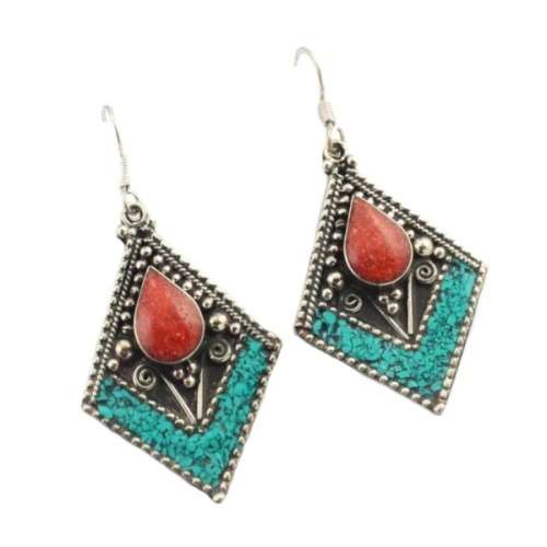 Nepalese Natural Turquoise, Coral Gemstone Earrings