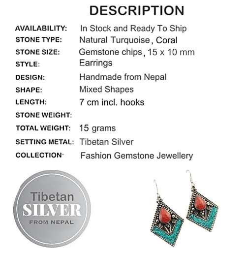 Nepalese Natural Turquoise, Coral Gemstone Earrings