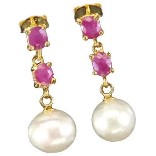Deluxe Natural Blood Red Heated Ruby and Pearl Set in Solid .925 Sterling Silver 14K Y/Gold Earrings