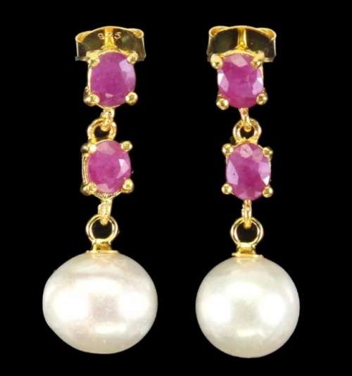 Deluxe Natural Blood Red Heated Ruby and Pearl Set in Solid .925 Sterling Silver 14K Y/Gold Earrings