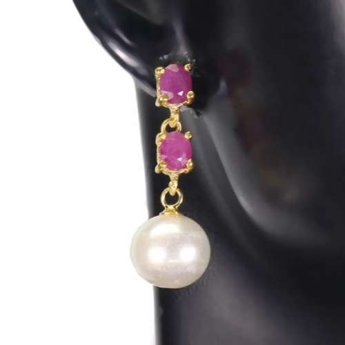 Deluxe Natural Blood Red Heated Ruby and Pearl Set in Solid .925 Sterling Silver 14K Y/Gold Earrings