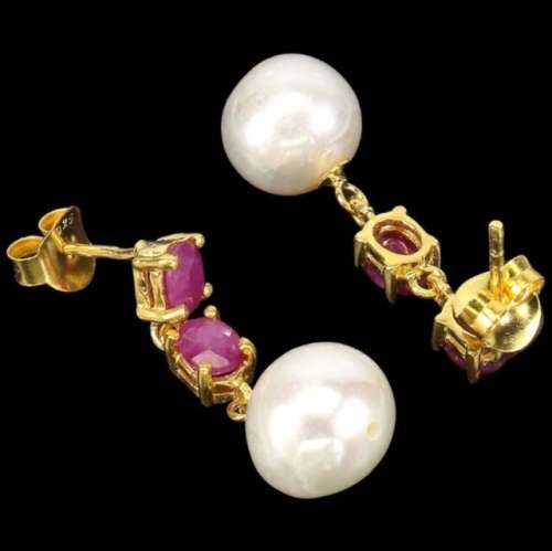 Deluxe Natural Blood Red Heated Ruby and Pearl Set in Solid .925 Sterling Silver 14K Y/Gold Earrings