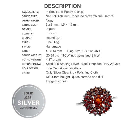 Outstanding 31 Unheated Mozambique Garnets, Solid .925 Sterling Silver Ring US 7 or O
