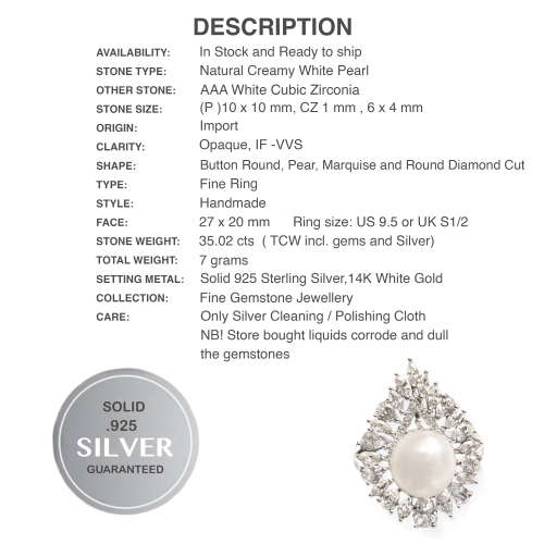 Natural Creamy White Pearl ,White CZ  set in Solid .925 Sterling Silver Ring Size US 9.5 or S1/2