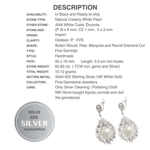 Deluxe Natural Creamy White Pearl ,White CZ in Solid .925 Sterling Silver 14K White Gold Earrings