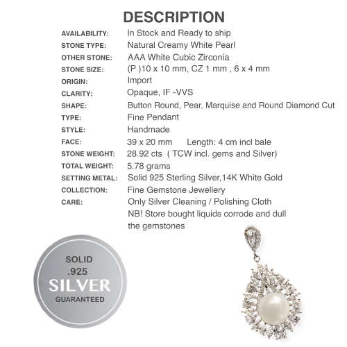 Deluxe Natural Creamy White Pearl ,White CZ Solid .925 Sterling Silver 14K White Gold Pendant