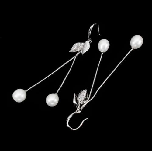 Creamy White Freshwater Pearl, White Cubic Zirc in Solid .925 Sterling Silver 14K W/Gold Earrings