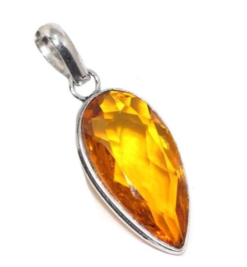 Faceted Golden Citrine Gemstone Pendant .925 Sterling Silver Plated Handmade Pendant