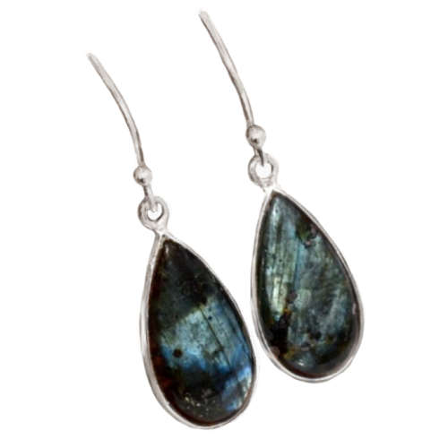 Natural Norwegian Larvikite Pear Shape Gemstone set in Solid .925 Sterling Silver Earrings