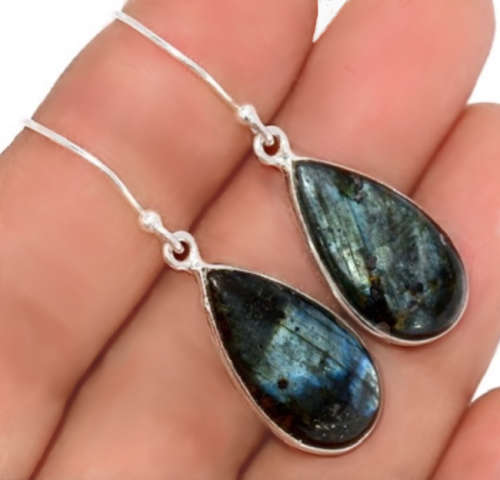 Natural Norwegian Larvikite Pear Shape Gemstone set in Solid .925 Sterling Silver Earrings