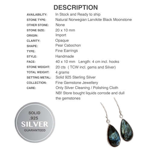 Natural Norwegian Larvikite Pear Shape Gemstone set in Solid .925 Sterling Silver Earrings