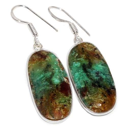 Handmade Natural Oval Chrysocolla Gemstone. 925 Sterling Silver Plated Earrings