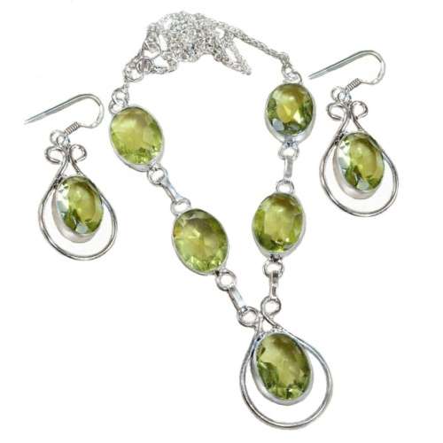 Faceted Peridot Ovals set in .925 Sterling Silver Plated Handmade Necklace and Earrings Set