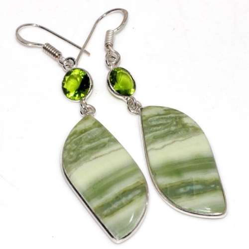 Natural Larsonite and Peridot Gemstone set in  .925 Sterling Silver Plated Handmade Earrings