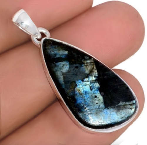 Natural Norwegian Larvikite Gemstone set in Solid .925 Sterling Silver Pendant