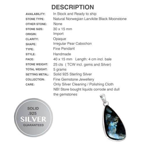 Natural Norwegian Larvikite Gemstone set in Solid .925 Sterling Silver Pendant