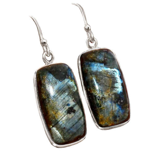 Natural Norwegian Larvikite Rectangle Gemstone set in Solid .925 Sterling Silver Earrings